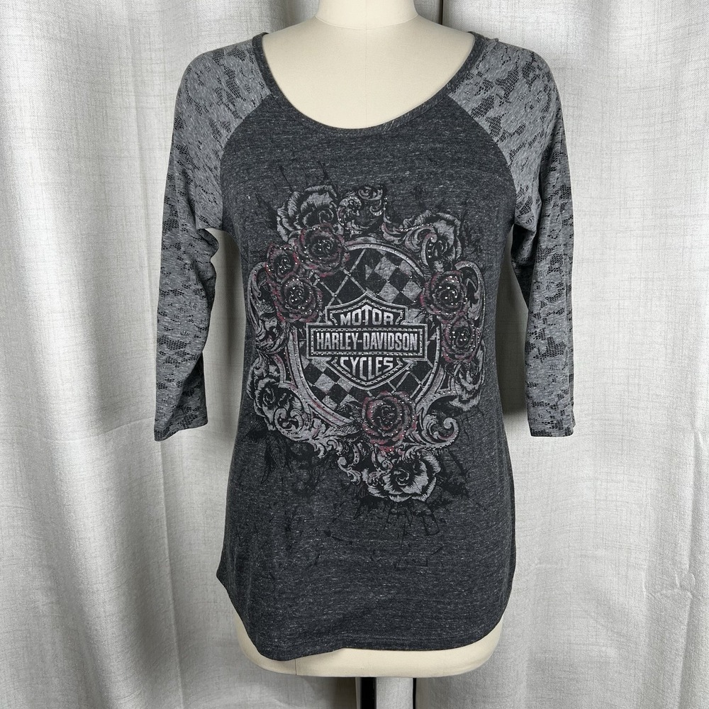 Harley Davidson Women's Large Roses Rhinestone Atlanta GA 3/4 Lace Sleeves Top